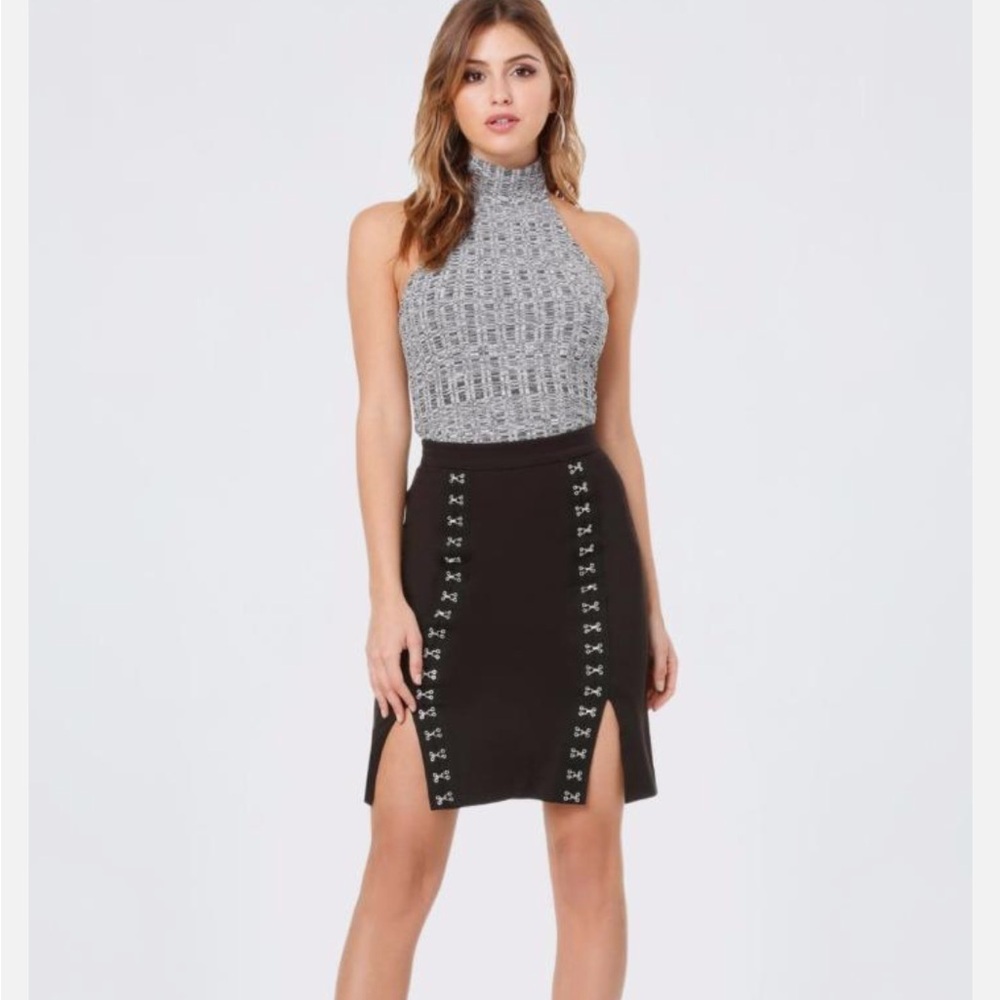 BEBE Black Pencil Skirt with Silver Embellishments and Front Kick Vents Size 8